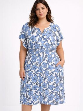 Nicole Miller New York Tropical Floral Midi Dress Pockets Blue White Plus 1X NWT